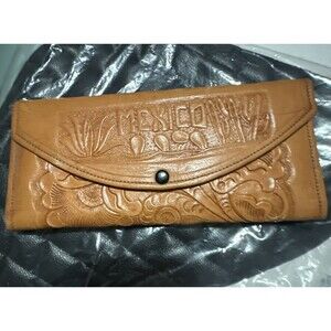 Yeo Hand Tooled  Pure Leather Clutch Wallet Floral Mexico Engraved Brown 9"x4"